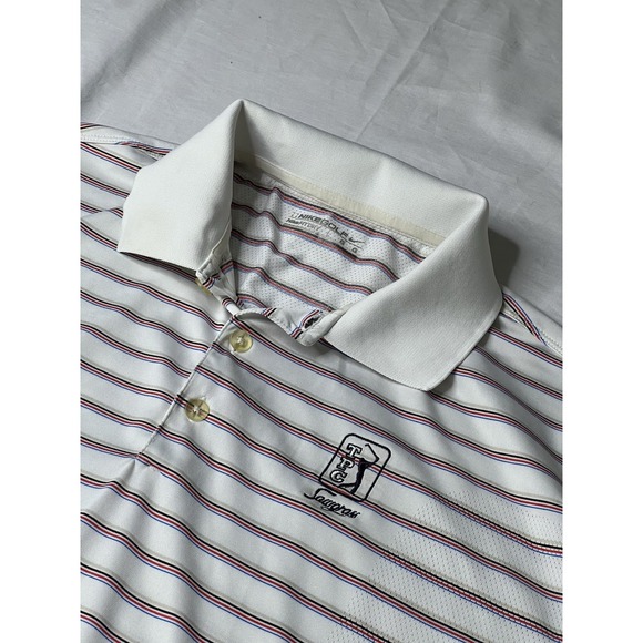Nike Golf Polo Shirt Mens L White Bleecker Stripe Stretch TPC - Picture 1 of 12